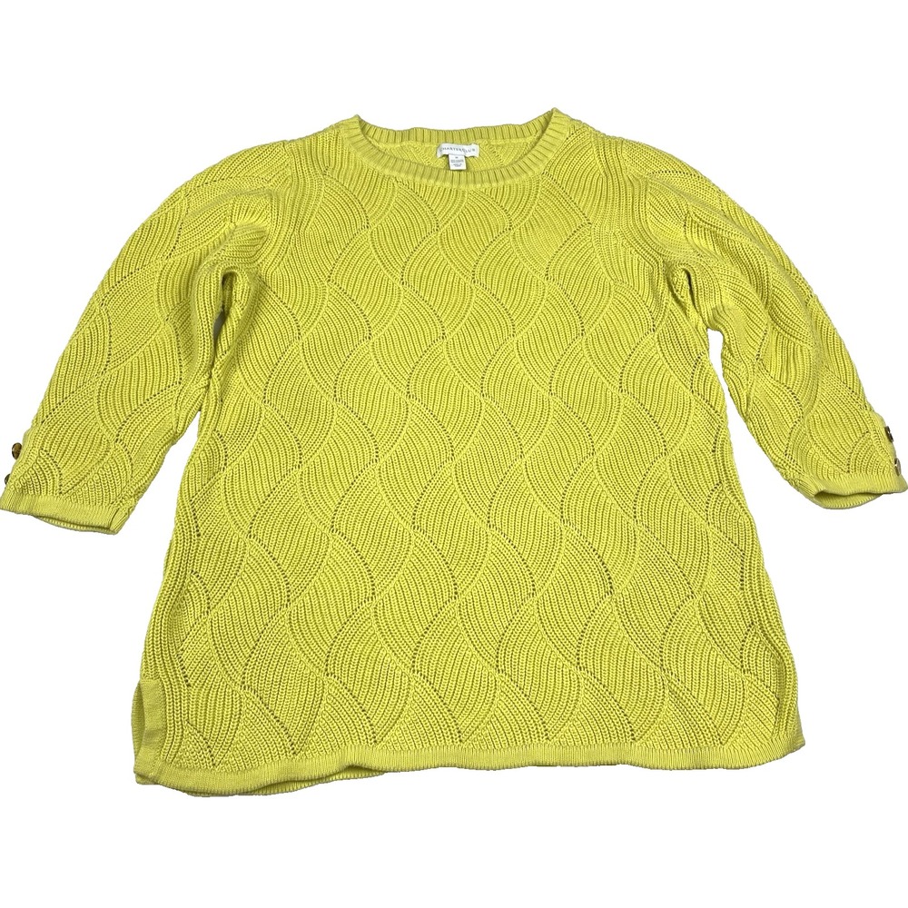 Charter Club Size Medium Crewneck Sweater Neon Yellow Cotton Blend 3/4 Sleeve